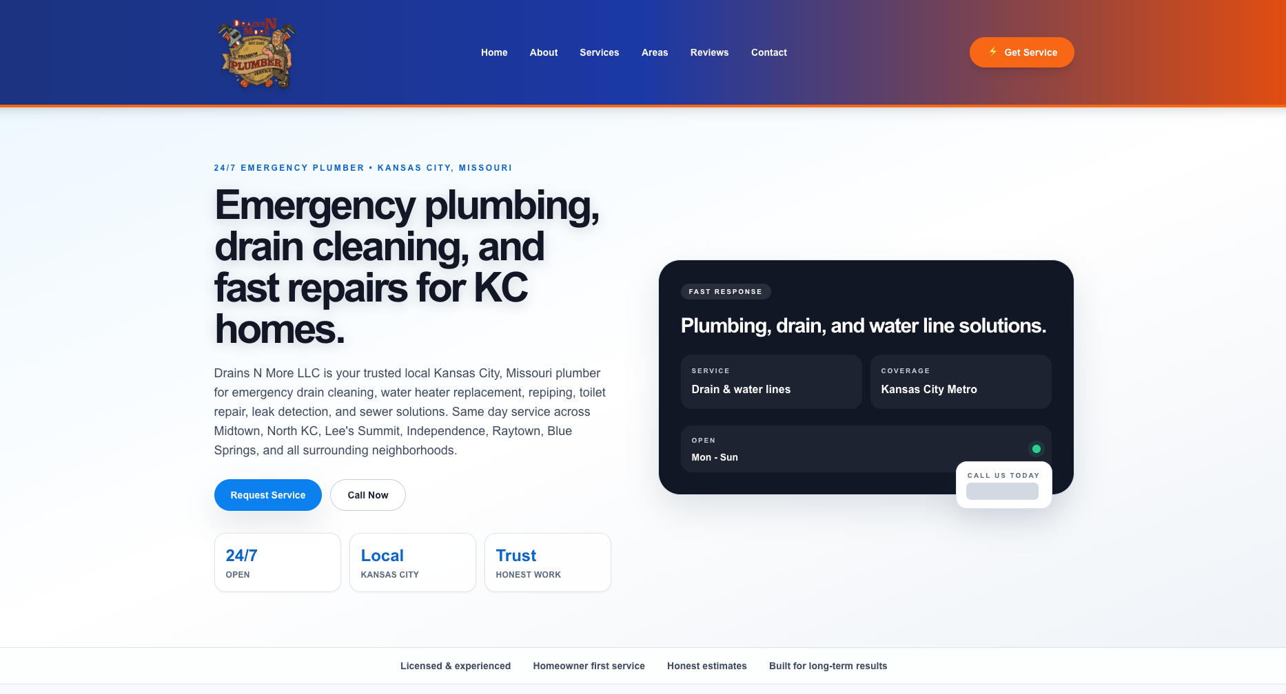 Drains N More LLC website homepage: 24/7 emergency plumber in Kansas City, with a Request Service button and a fast-response contact card